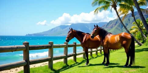 Majestic horses grazing by wooden fence against Hawaiian seascape backdrop, Hawaii, grazing