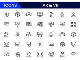 Augmented Reality icon element sets. Includes Virtual Reality, View, Cctv, Headphone, and More. Outline icons vector collection.