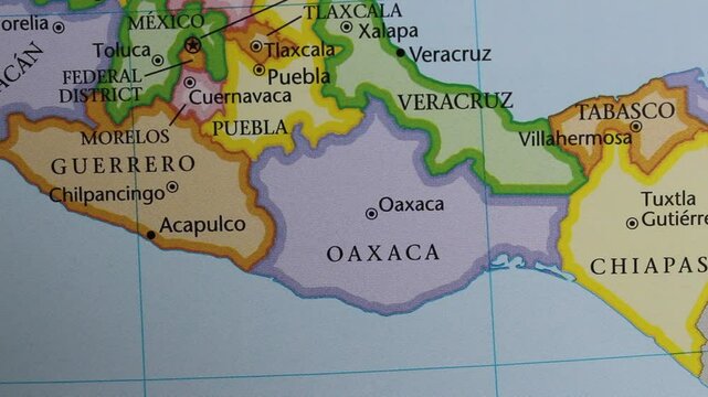 Close up of the Mexico on a map with Oaxaca in sharp focus. Oaxaca on a map 
