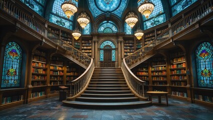 Fototapeta premium A surreal library with floating books and staircases to nowhere, stained-glass windows, Baroque lighting
