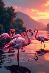 Fototapeta premium Majestic pink flamingos flying over serene dark waters at sunset, wildlife, serenity