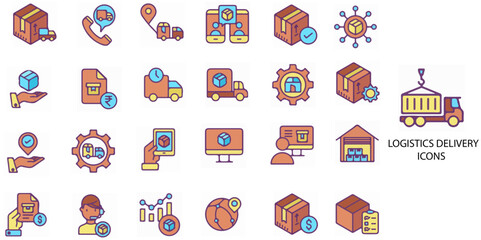 Obraz premium Logistics Delivery simple concept 24 color icons set. Contains such Shipping, logistics, delivery, product, distribution, factory, warehouse, box, industry and shipment .Vector illustration.