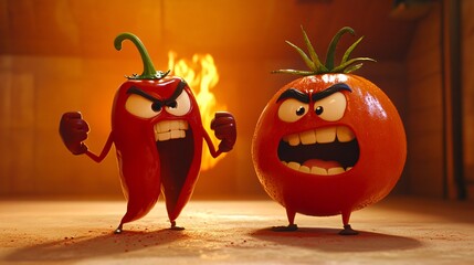 Fiery chili peppers versus round tomatoes with animated faces and gloves in fun showdown made with Generative AI technology