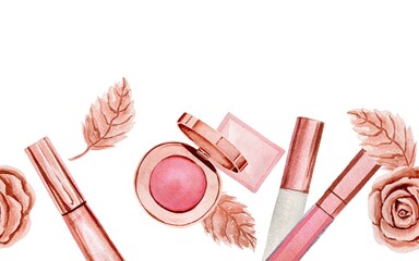 Horizontal border with nail polish, lip gloss, lip stick, lip liner, cream, powder, gold rose and leaves. Watercolor illustration on white background.