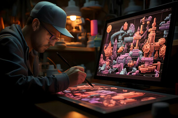 Man in Cap Creating Pixel Art on Digital Tablet in Dimly Lit Studio with Shelves of Art Supplies and Large Monitor Displaying Intricate Digital Landscape