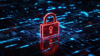 Red padlock on a blue circuit board background represents digital security.