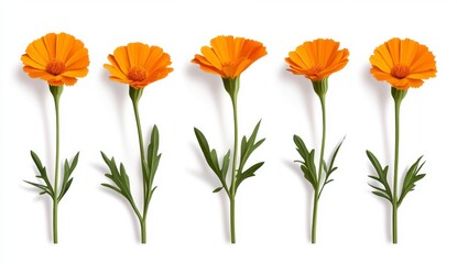 Bright Orange Flowers with Green Leaves on White Background