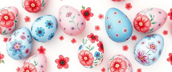 Pastel Scandinavian Easter egg seamless pattern Hand-drawn red and blue floral eggs on white background, spring, image