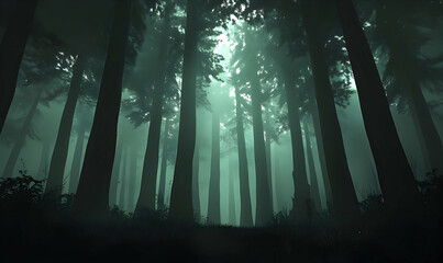 Naklejka premium Mysterious forest landscape shrouded in fog with tall trees and ethereal light filtering through
