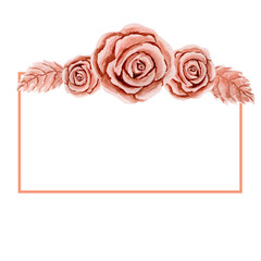 Rectangular card with composition of plastic or metal rose head and leaves. Watercolor illustrations isolated on white background. For design, card