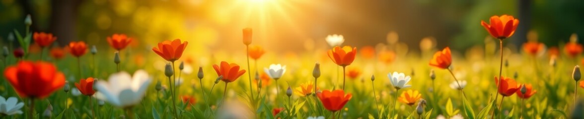 Fototapeta premium Peaceful summer morning with flowers in the meadow at sunrise, summer, serene