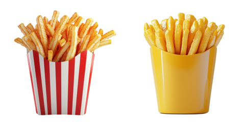 Png of Two servings of crispy fries in red striped and yellow containers, perfect for snacking or sharing.