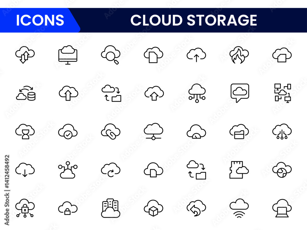 Poster cloud storage & backup collection of data related icons, including data storage, cloud storage data,