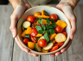 Colorful Vegetable Salad with Tomatoes Zucchini and Mint in Hands