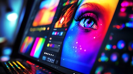 Laptop Displaying Human Eye and Editing Software with Vibrant Colors