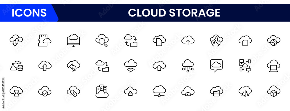 Poster cloud storage & backup collection of data related icons, including data storage, cloud storage data,