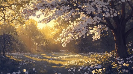 Tranquil Sunlit Forest with Blossoming Flowers and Gentle Breeze