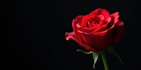 Fototapeta premium Single red rose, dramatic black background, sharp lighting, romance, closeup, elegance
