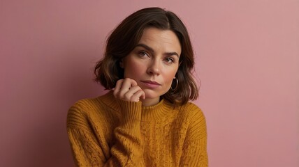 Woman in Mustard Sweater Thinking Deeply Against Pink Background