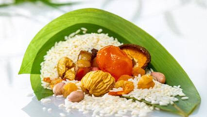 filling, rice dumpling leaf, wrap, green, raw, uncooked, prepared, traditional, chinese, asian, oriental, food, cuisine, dragon boat festival, festival, close up, method, leaves, plant, natural, cultu