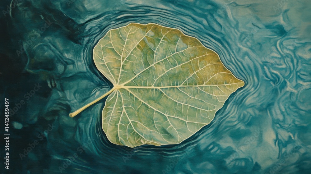 Poster leaf floating on water creating ripples in a calm serenity scene