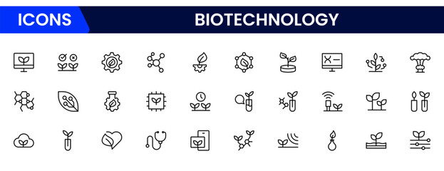 Biotechnology line icons. Includes icons for scientific, innovation, scientist, experiment, microscope, interaction, science: minimalistic vector icon and illustration.
