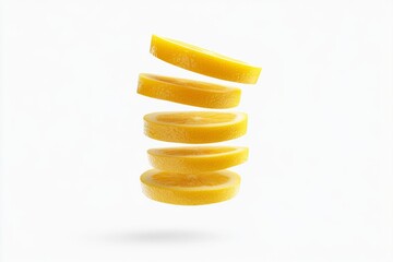 stack of sliced lemons floating in the air on a white background