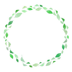 葉っぱ　円フレーム　丸　枠　素材　飾り　見出し　タイトル　あしらい　囲み　飾り枠　飾り罫　おしゃれ　シンプル　サスティナブル　グリーン　優しい　舞う　挿絵　白背景　透過　Circular frame of fresh green leaves,wreath 