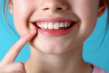 Obraz premium Close up portrait of kid point the finger her teeth, attractive lovely healthy girl isolated on blue background