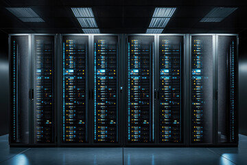 modern data technology center server racks in dark room with vfx. visualization concept of internet of things, data flow, digitalization of internet traffic. complex electric equipment warehouse.