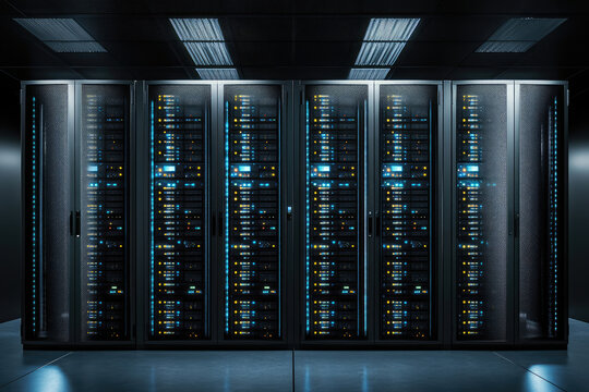modern data technology center server racks in dark room with vfx. visualization concept of internet of things, data flow, digitalization of internet traffic. complex electric equipment warehouse. - Powered by Adobe