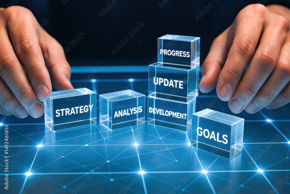 Poster this depicts a business strategy analysis involving transparent blocks labeled with goals progress a
