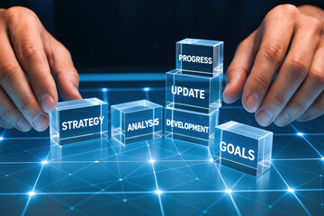This depicts a business strategy analysis involving transparent blocks labeled with goals progress and development illustrating a systematic approach to planning
