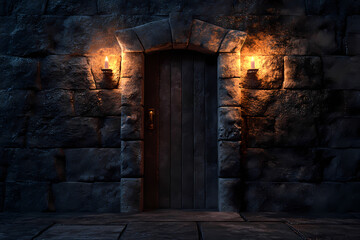 Obraz premium A Glimpse into Mystery: An ancient stone doorway, illuminated by flickering candlelight, promises secrets untold. Its rugged stonework and aged timber tell tales of ages past.