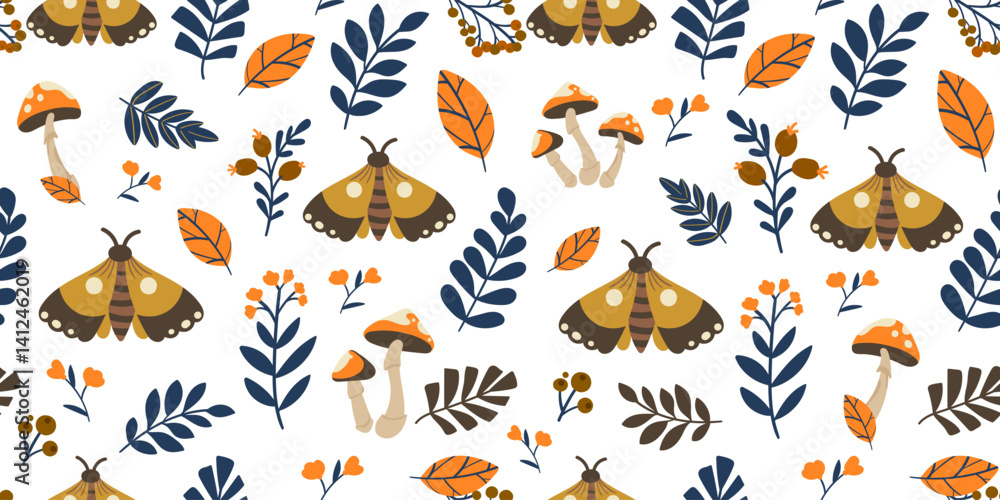 Poster seamless pattern with moths mushrooms and botanical elements in retro scandinavian style perfect for