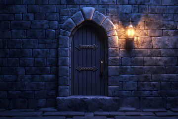 Fototapeta premium Mysterious Entryway: An ancient stone wall is dramatically illuminated by a warm, inviting lantern, casting shadows on the weathered brick and dark wooden door. This sets a scene of history, mystery.