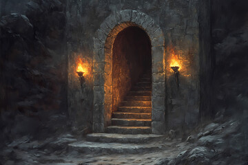 Mysterious Entrance: A captivating scene unfolds as the archway framed by stone walls beckons with an inviting glow, as light from torch illuminating the path ahead with a sense of anticipation.