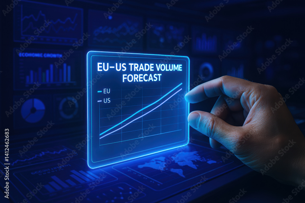Poster a hand interacts with a futuristic economic dashboard displaying a trade volume forecast symbolizing