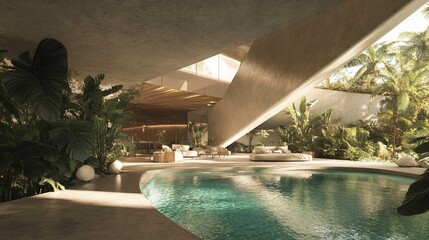 Fototapeta premium Tropical Modern Villa Indoor Pool, Lush Landscaping