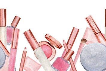 Horizontal border with nail polish, lip gloss, lip stick, lip liner, cream, powder. Watercolor illustration on white background. For wrapper, textile