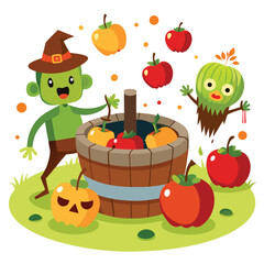 Halloween Bobbing for apples isolated on white background 