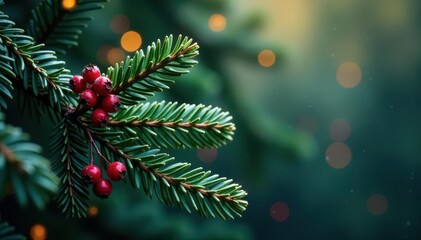 Dark green pine boughs, frosted berries, twinkling lights, rustic, frost