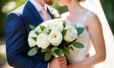 Elegant wedding couple embracing with beautiful bouquet of white roses outdoors