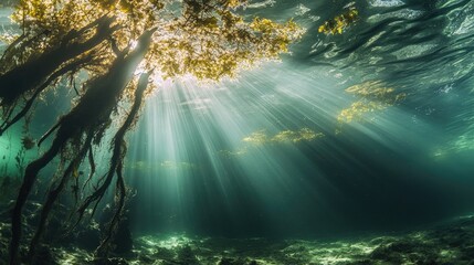 Underwater light rays shining through the water