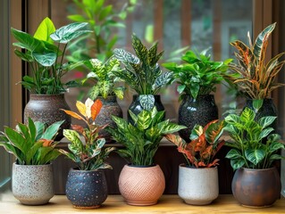 A beautifully curated indoor plant display featuring native plants from multiple continents, each potted in a unique handcrafted vessel, warm ambient lighting