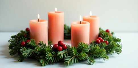 Elegant evergreen wreath, four candles, festive floral decor, pine, decoration
