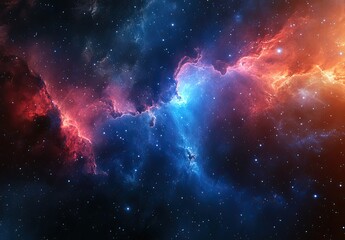 Naklejka premium Colorful swirling nebulae in deep space. Vast expanse of cosmic clouds in vibrant hues of red and blue, scattered with distant stars