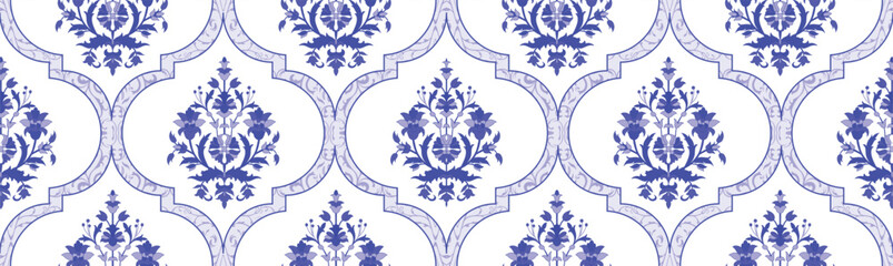 Ethnic Blue pottery floral seamless pattern vector illustration, good for carpet, ceramic tile, interior, textile, cloth, fabric, wallpaper, tiles, warping, paper etc.