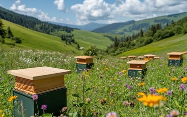 Scenic Beehives in a Lush Meadow