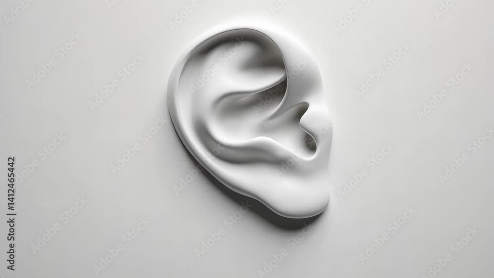 Poster detailed white anatomical ear model rotating smoothly, revealing intricate structural elements again